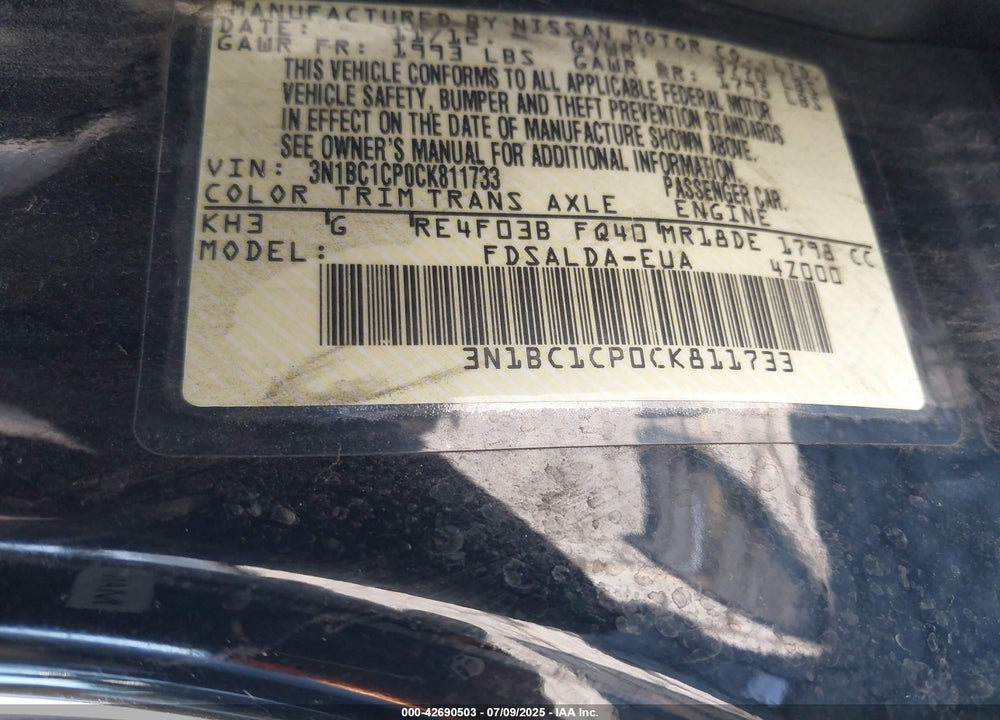2012 NISSAN VERSA VIN: 3N1BC1CP0CK811733