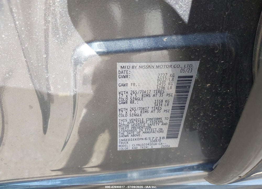 2023 NISSAN FRONTIER VIN: 1N6ED1EK0PN657238