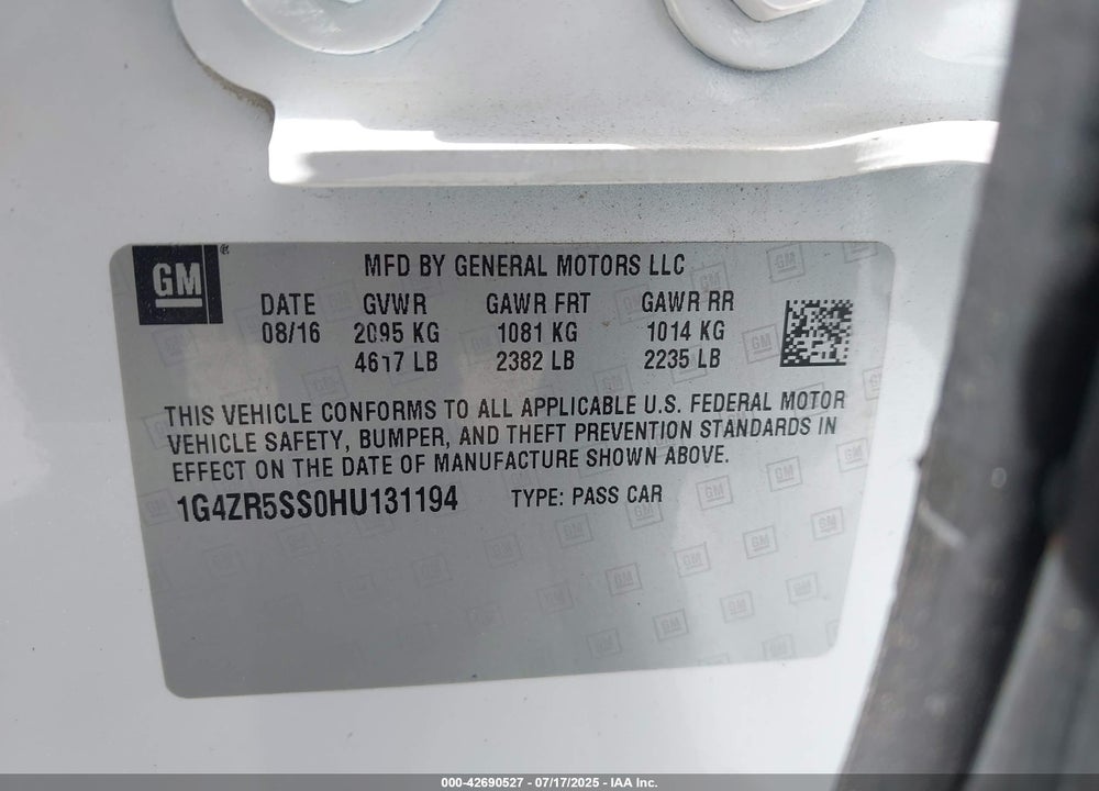 2017 BUICK LACROSSE VIN: 1G4ZR5SS0HU131194