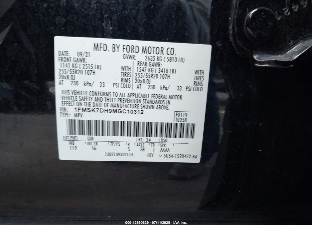 2021 FORD EXPLORER VIN: 1FMSK7DH9MGC10312