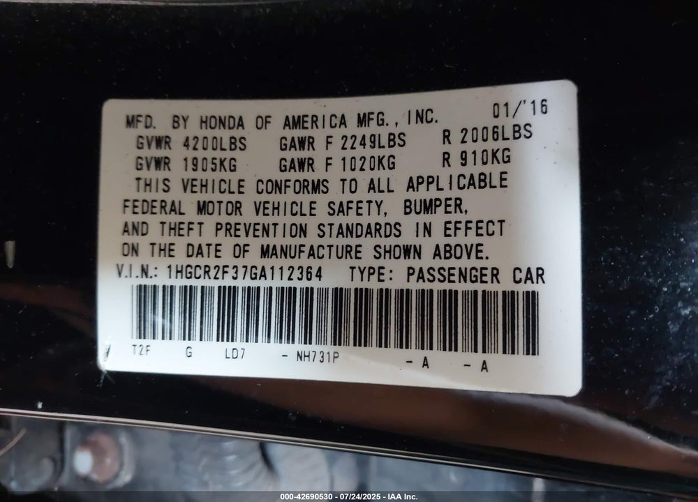 2016 HONDA ACCORD VIN: 1HGCR2F37GA112364