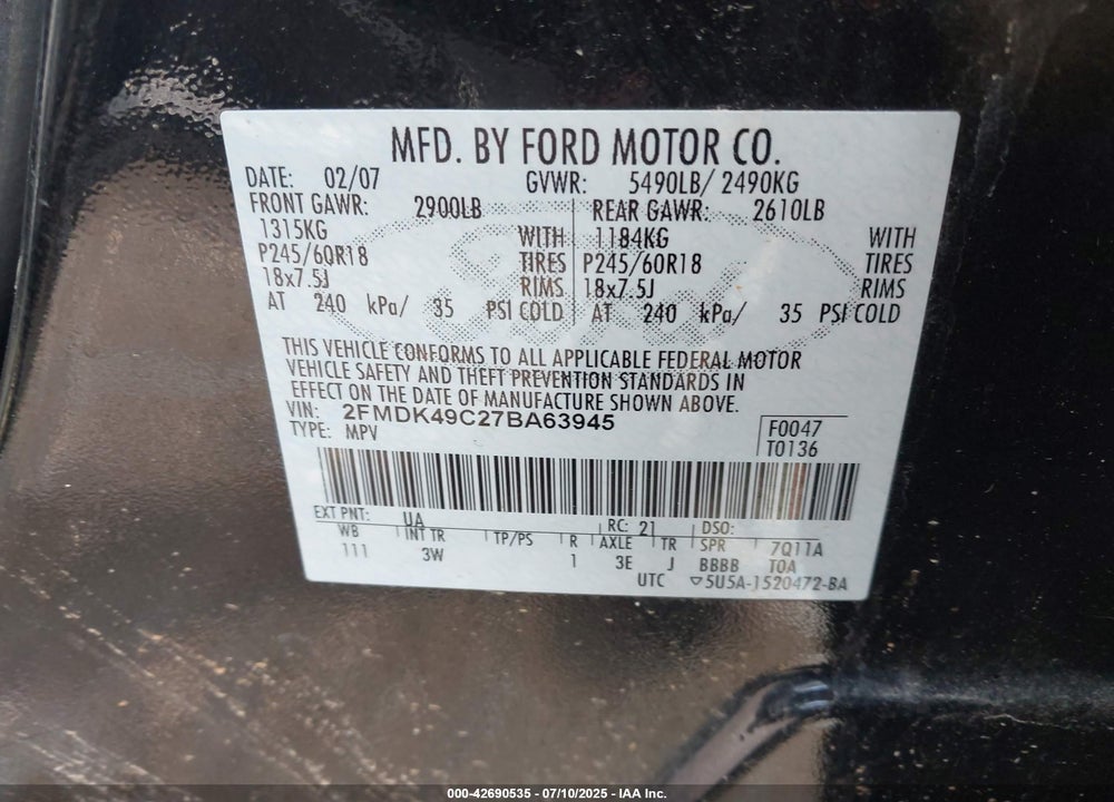 2007 FORD EDGE VIN: 2FMDK49C27BA63945