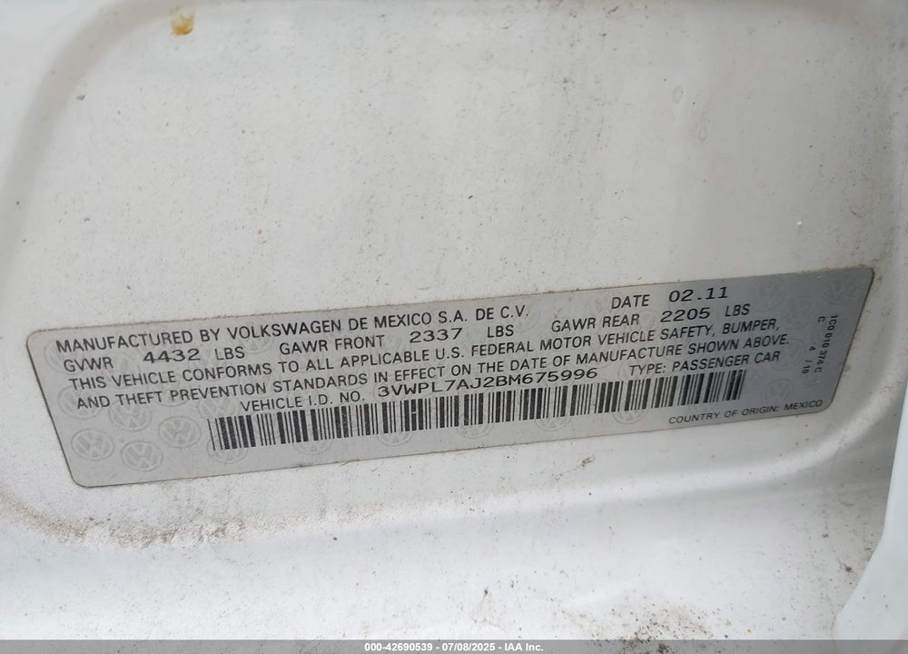 2011 VOLKSWAGEN JETTA VIN: 3VWPL7AJ2BM675996