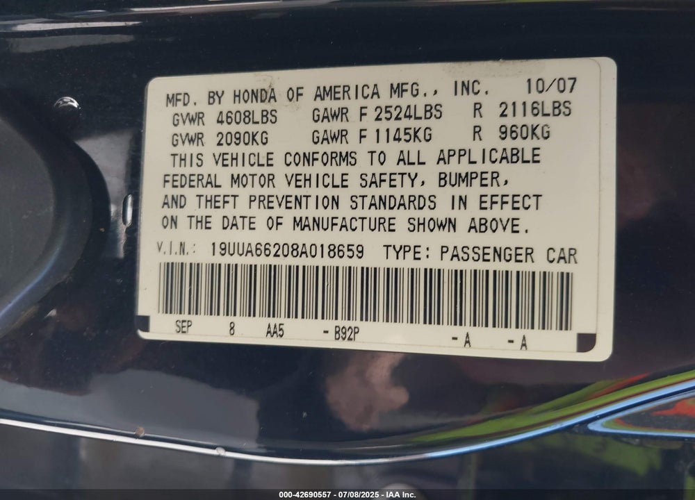 2008 ACURA TL VIN: 19UUA66208A018659