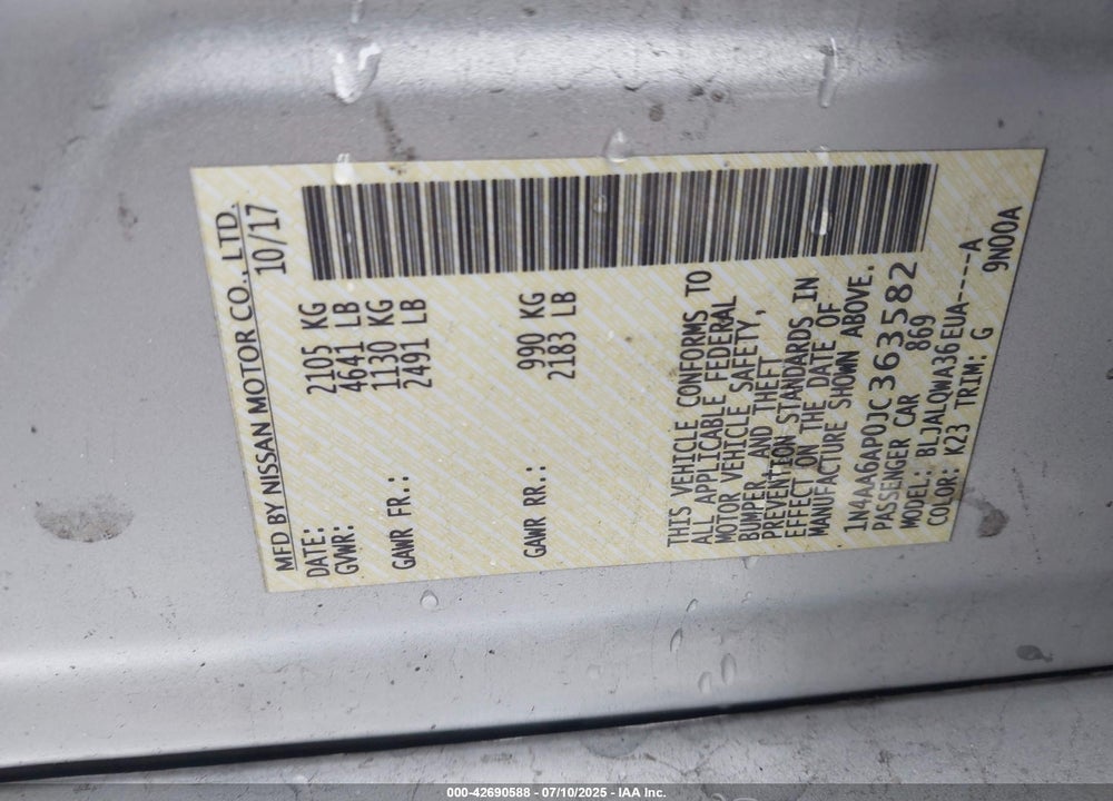 2018 NISSAN MAXIMA VIN: 1N4AA6AP0JC363582