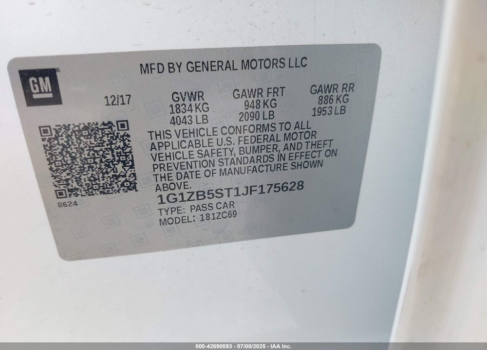 2018 CHEVROLET MALIBU VIN: 1G1ZB5ST1JF175628