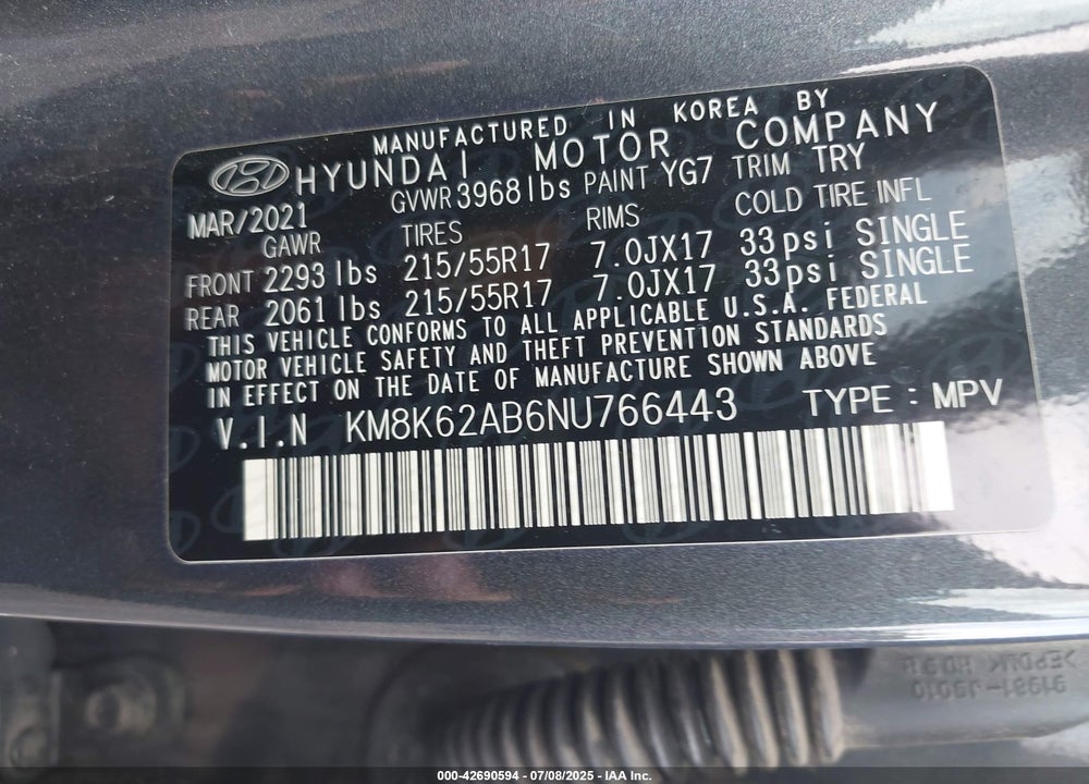 2022 HYUNDAI KONA VIN: KM8K62AB6NU766443