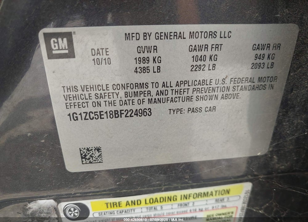 2011 CHEVROLET MALIBU VIN: 1G1ZC5E18BF224963