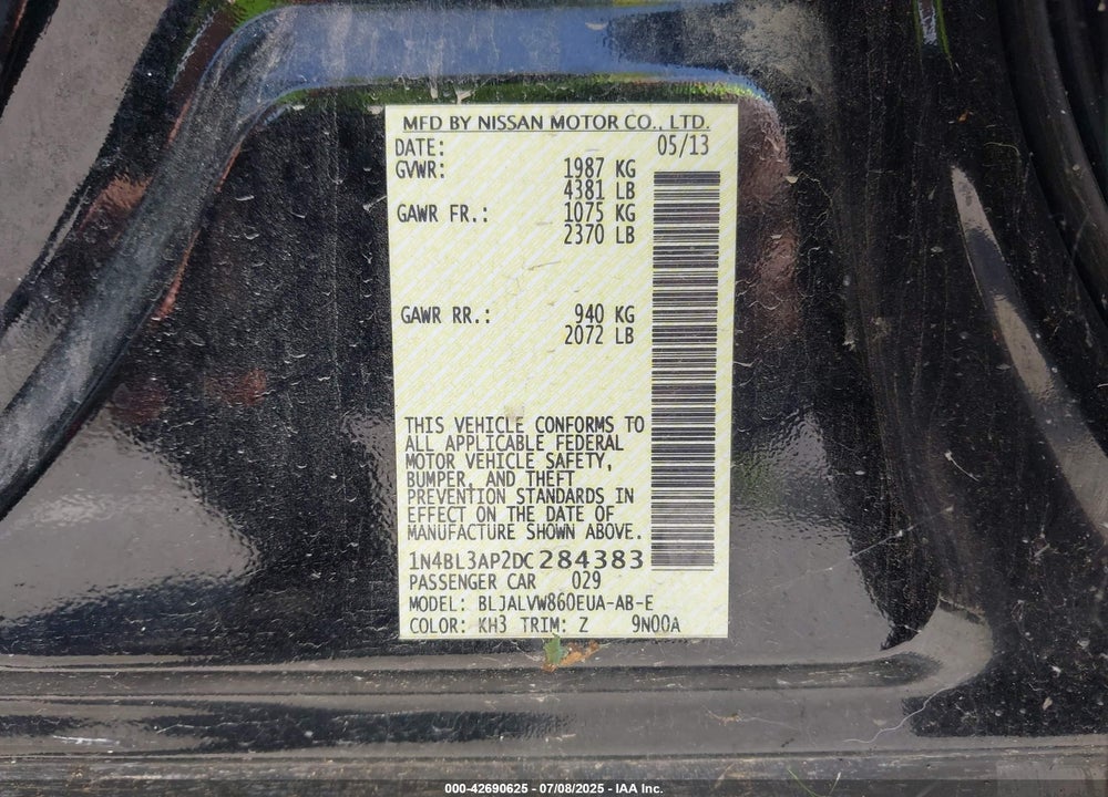 2013 NISSAN ALTIMA VIN: 1N4BL3AP2DC284383