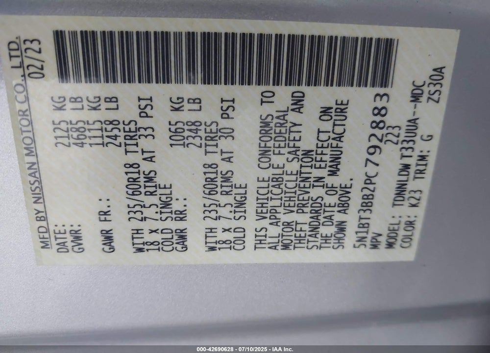 2023 NISSAN ROGUE VIN: 5N1BT3BB2PC792883