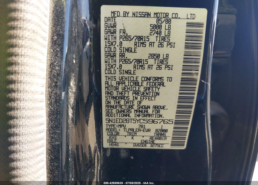 2000 NISSAN XTERRA SE/XE VIN: 5N1ED28T5YC596765