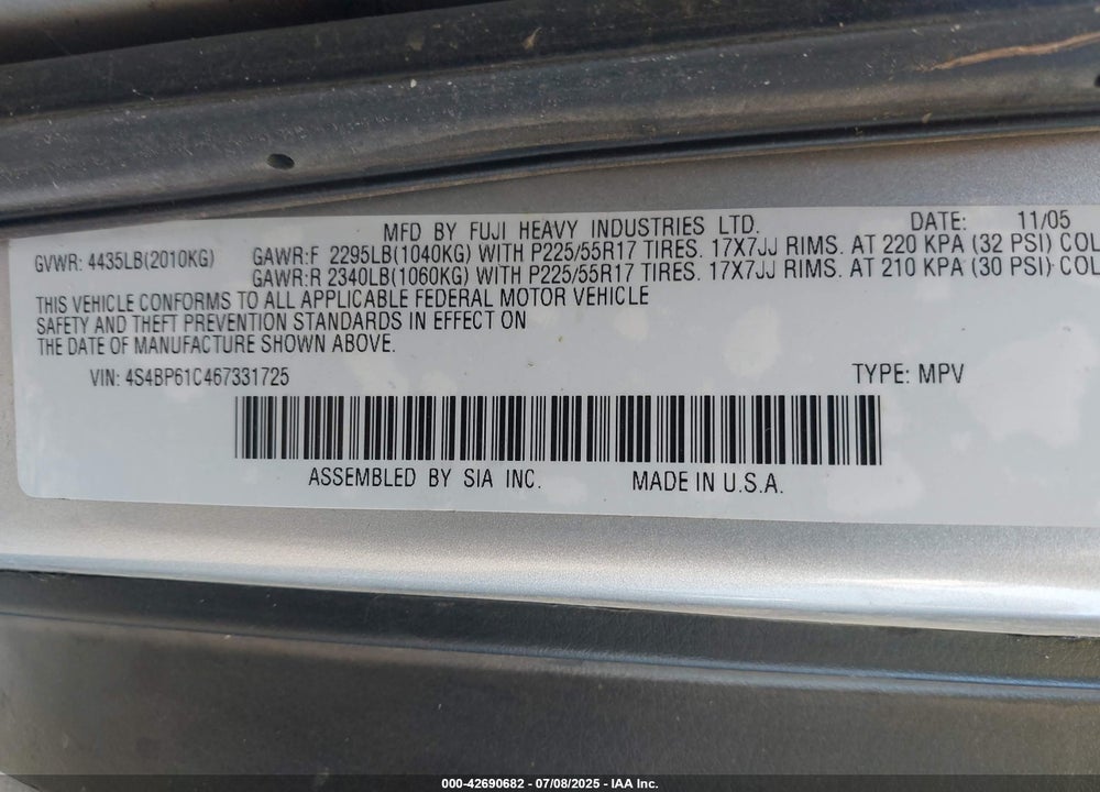 2006 SUBARU OUTBACK VIN: 4S4BP61C467331725