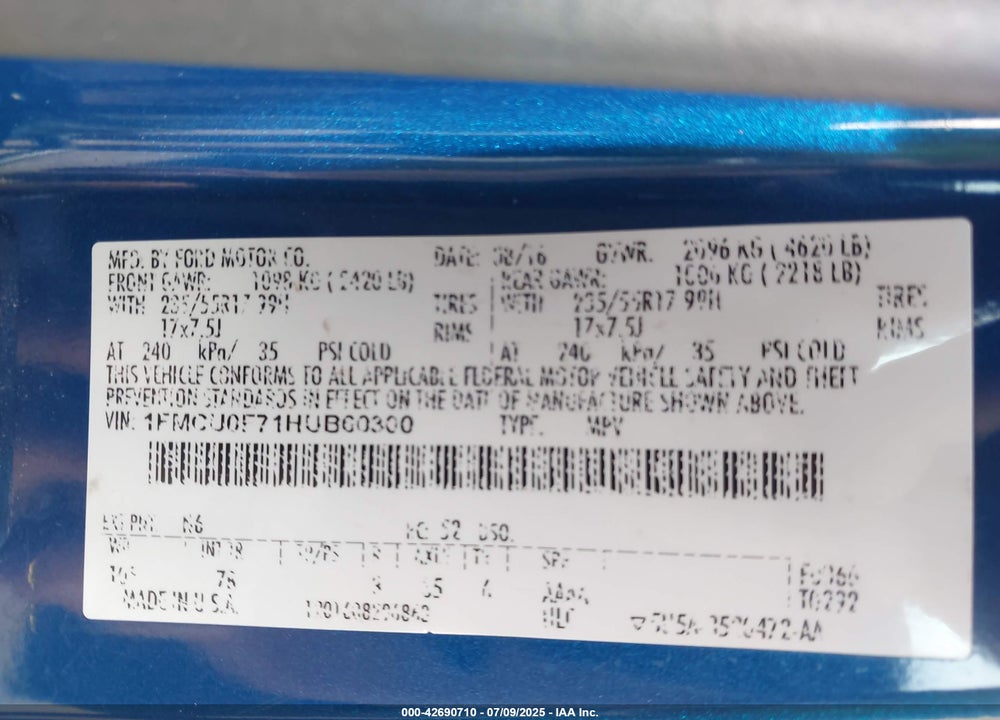 2017 FORD ESCAPE VIN: 1FMCU0F71HUB60300
