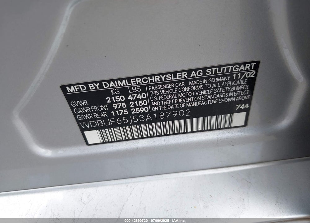 2003 MERCEDES-BENZ E 320 VIN: WDBUF65J53A187902