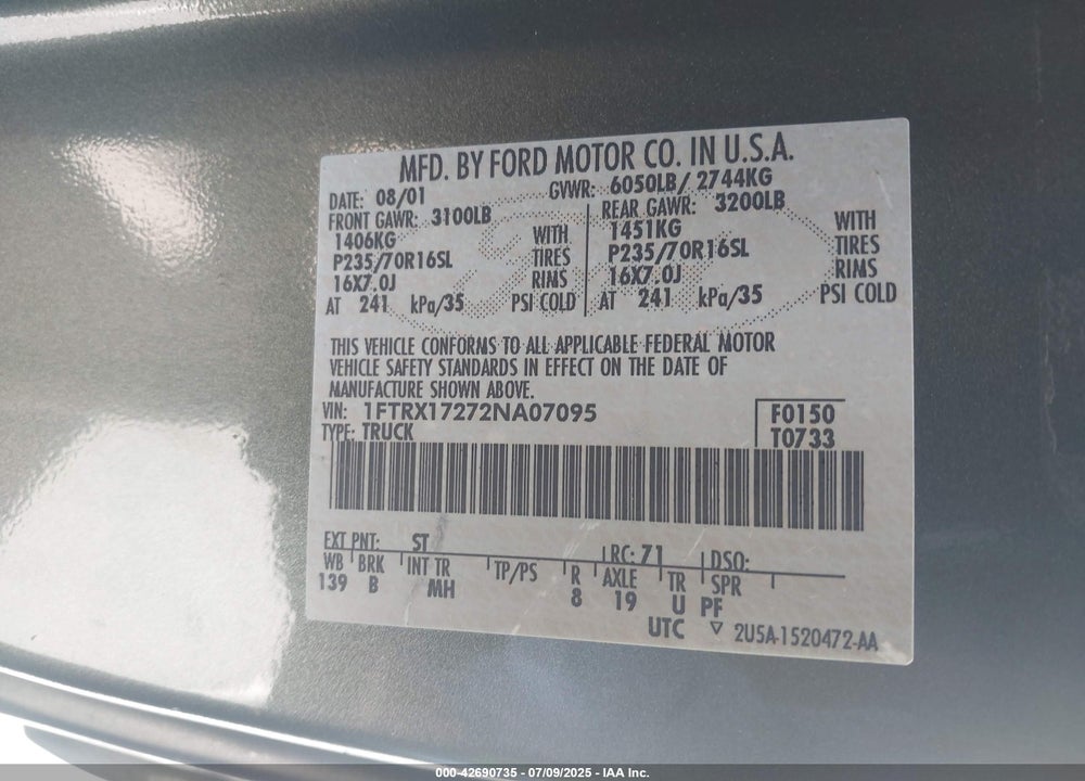 2002 FORD F-150 XL/XLT VIN: 1FTRX17272NA07095