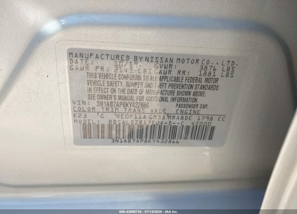 2019 NISSAN SENTRA SV VIN: 3N1AB7AP8KY432866
