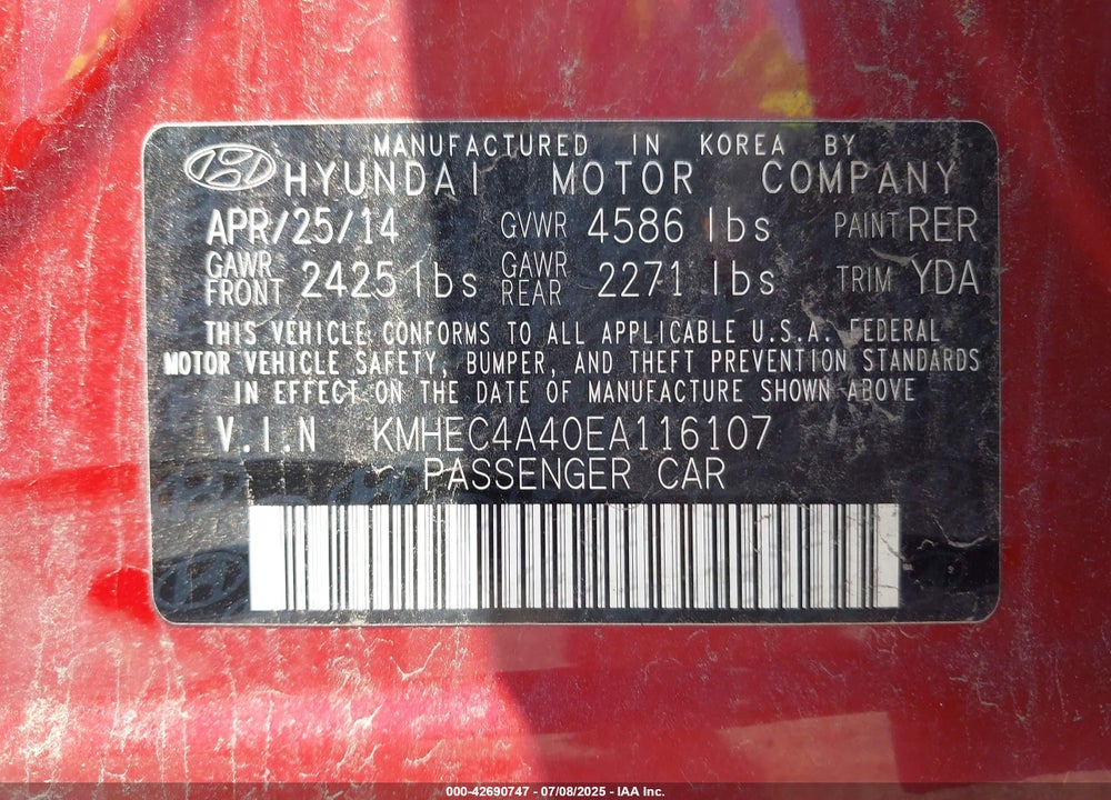 2014 HYUNDAI SONATA HYBRID VIN: KMHEC4A40EA116107
