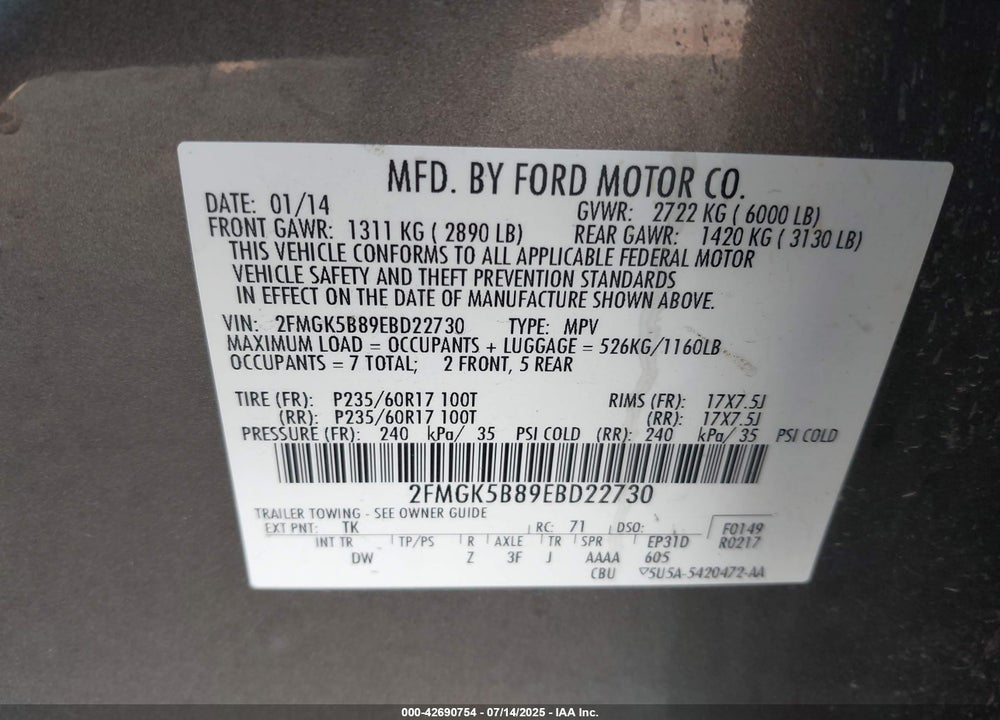 2014 FORD FLEX SE VIN: 2FMGK5B89EBD22730