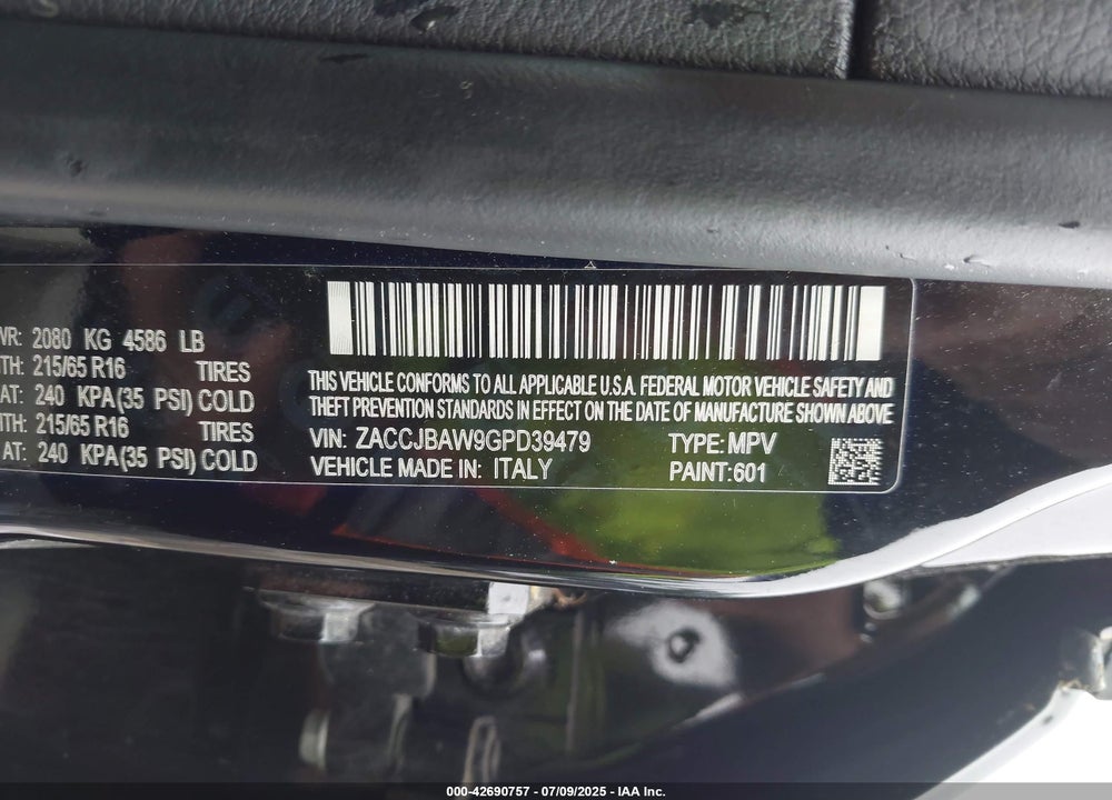 2016 JEEP RENEGADE VIN: ZACCJBAW9GPD39479