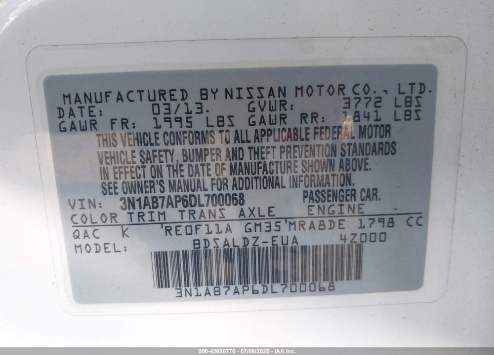 2013 NISSAN SENTRA SV VIN: 3N1AB7AP6DL700068