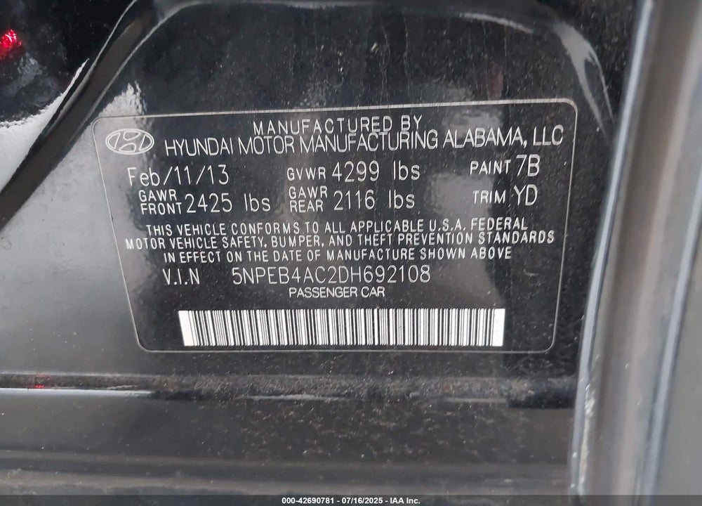 2013 HYUNDAI SONATA VIN: 5NPEB4AC2DH692108