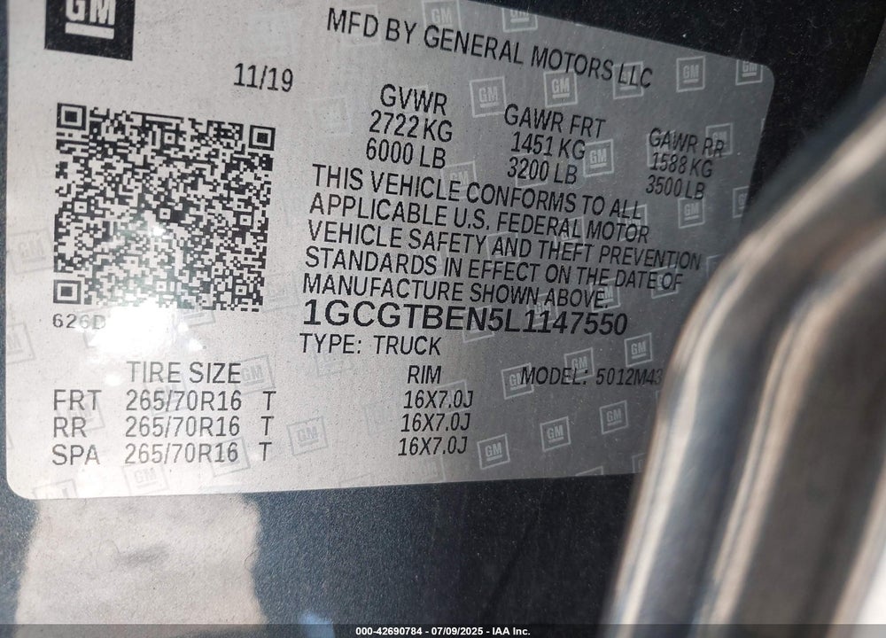 2020 CHEVROLET COLORADO VIN: 1GCGTBEN5L1147550