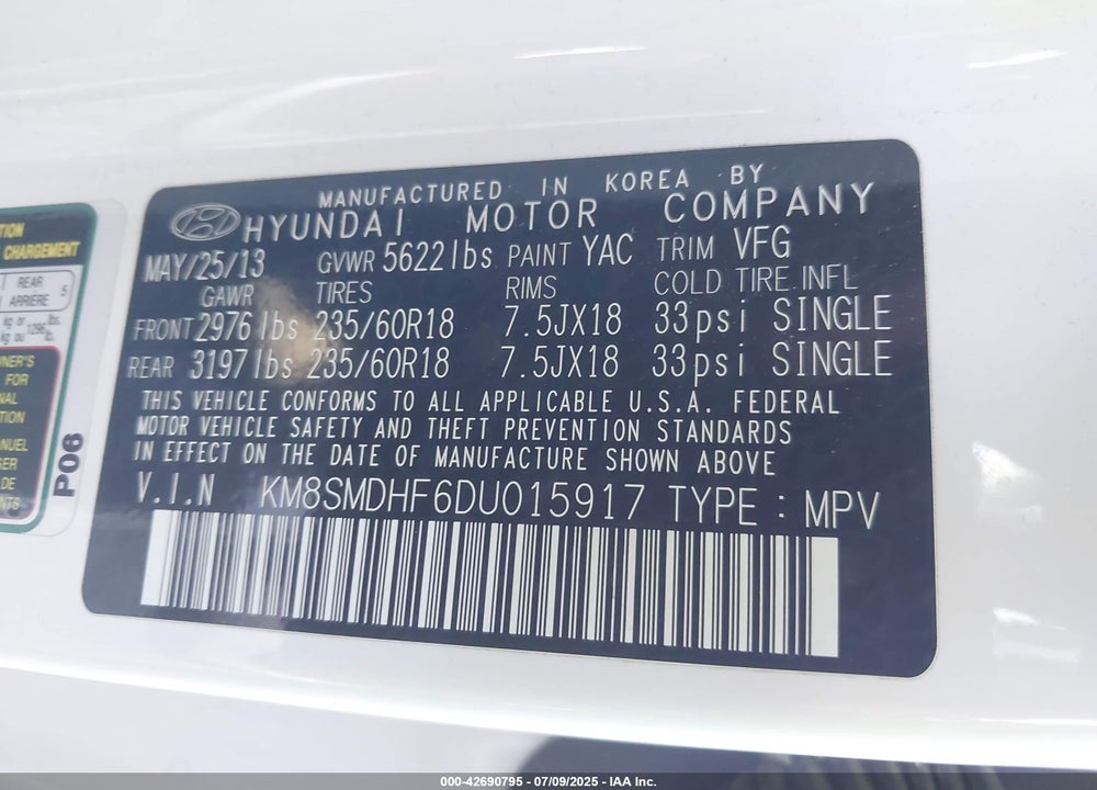 2013 HYUNDAI SANTA FE VIN: KM8SMDHF6DU015917