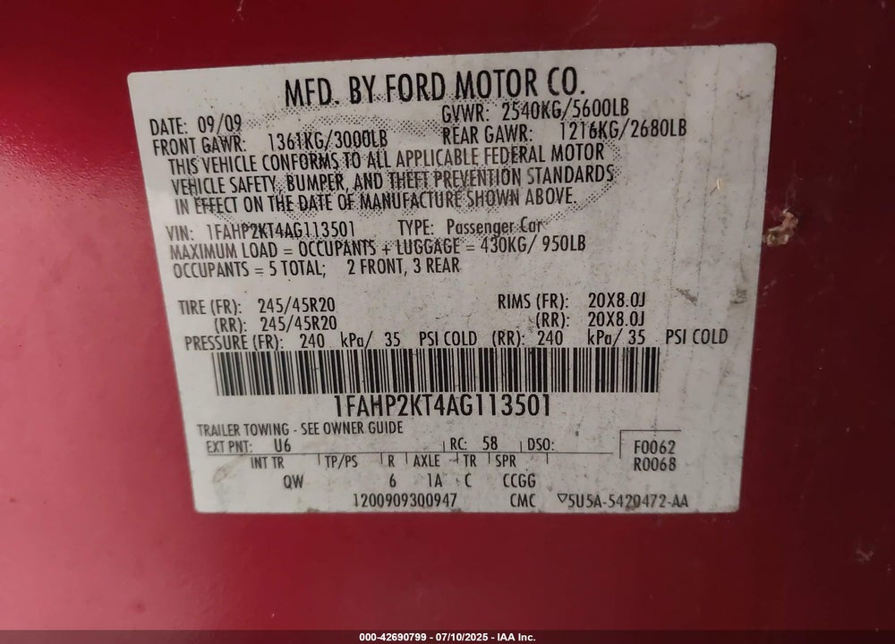 2010 FORD TAURUS VIN: 1FAHP2KT4AG113501