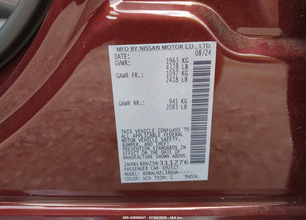 2025 NISSAN ALTIMA VIN: 1N4BL4DV2SN311776