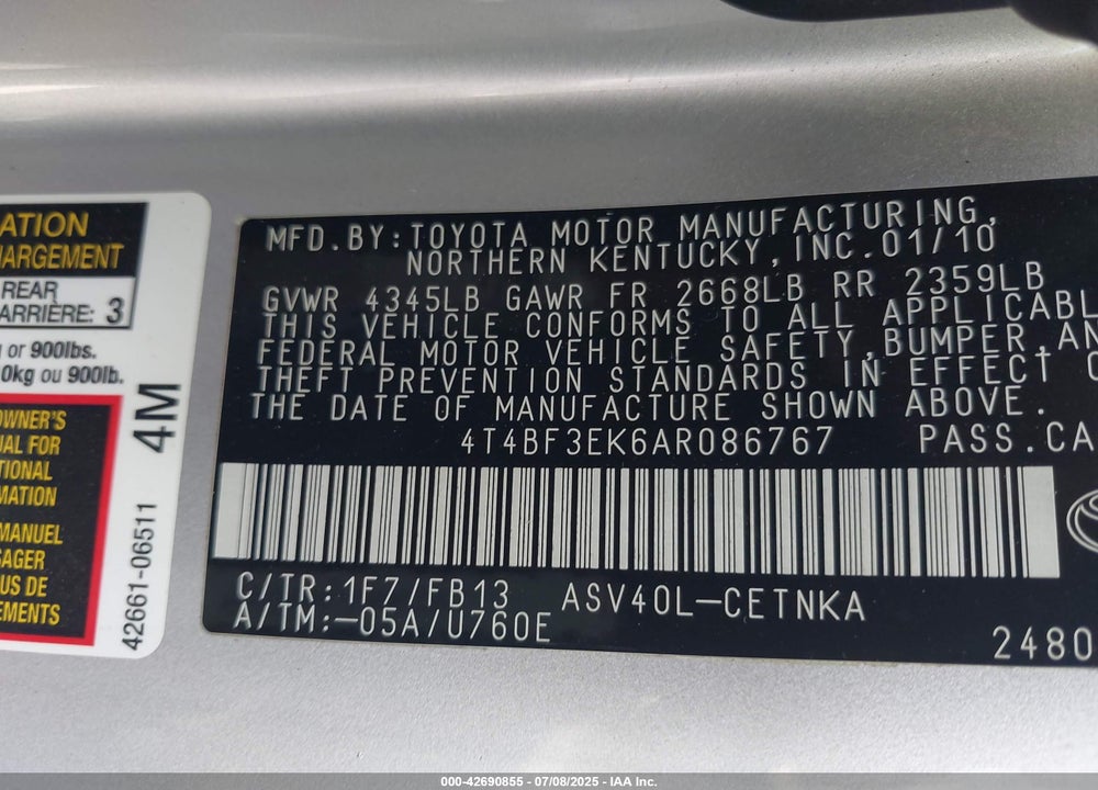 2010 TOYOTA CAMRY VIN: 4T4BF3EK6AR086767
