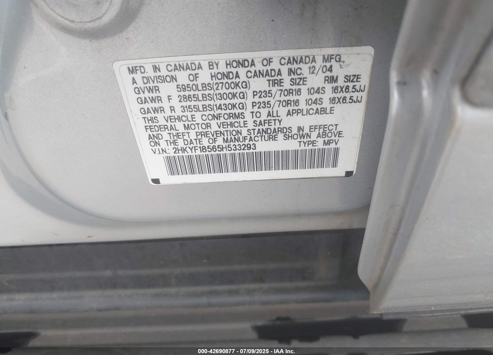 2005 HONDA PILOT EX-L VIN: 2HKYF18565H533293