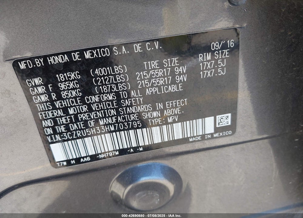 2017 HONDA HR-V VIN: 3CZRU5H33HM703795
