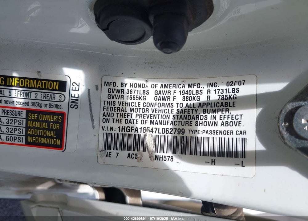 2007 HONDA CIVIC LX VIN: 1HGFA16547L062799