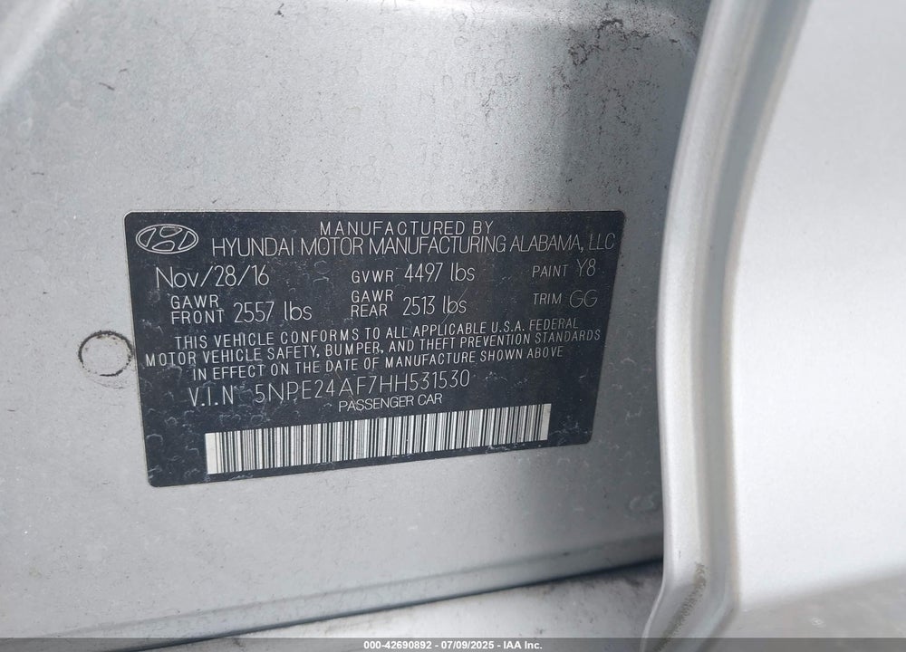 2017 HYUNDAI SONATA VIN: 5NPE24AF7HH531530