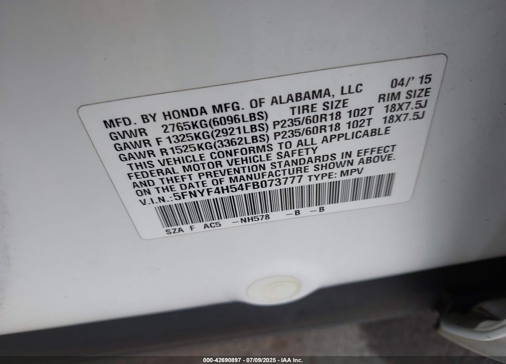 2015 HONDA PILOT VIN: 5FNYF4H54FB073777