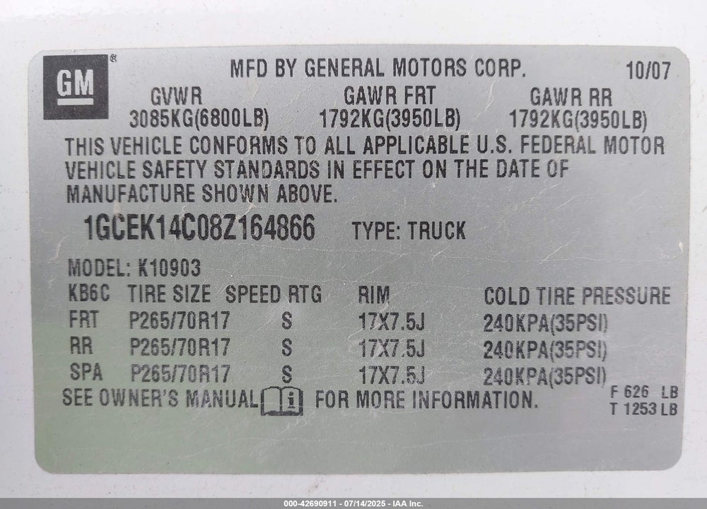 2008 CHEVROLET SILVERADO 1500 VIN: 1GCEK14C08Z164866