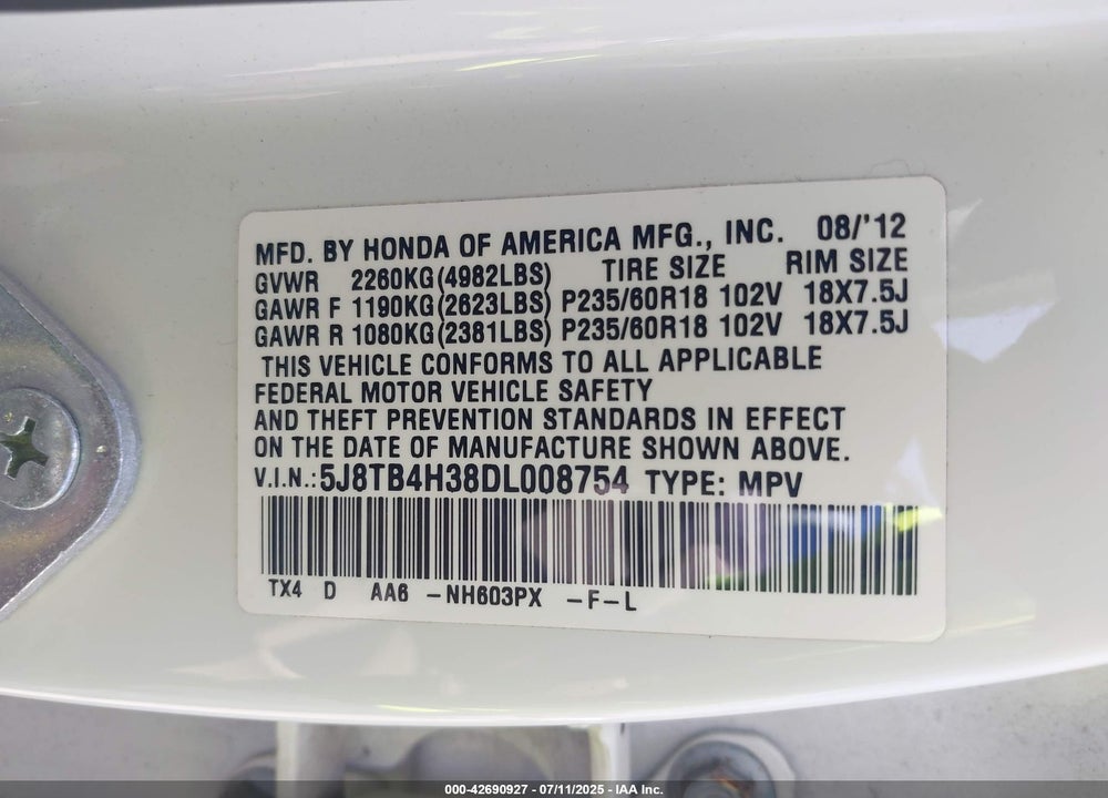 2013 ACURA RDX VIN: 5J8TB4H38DL008754