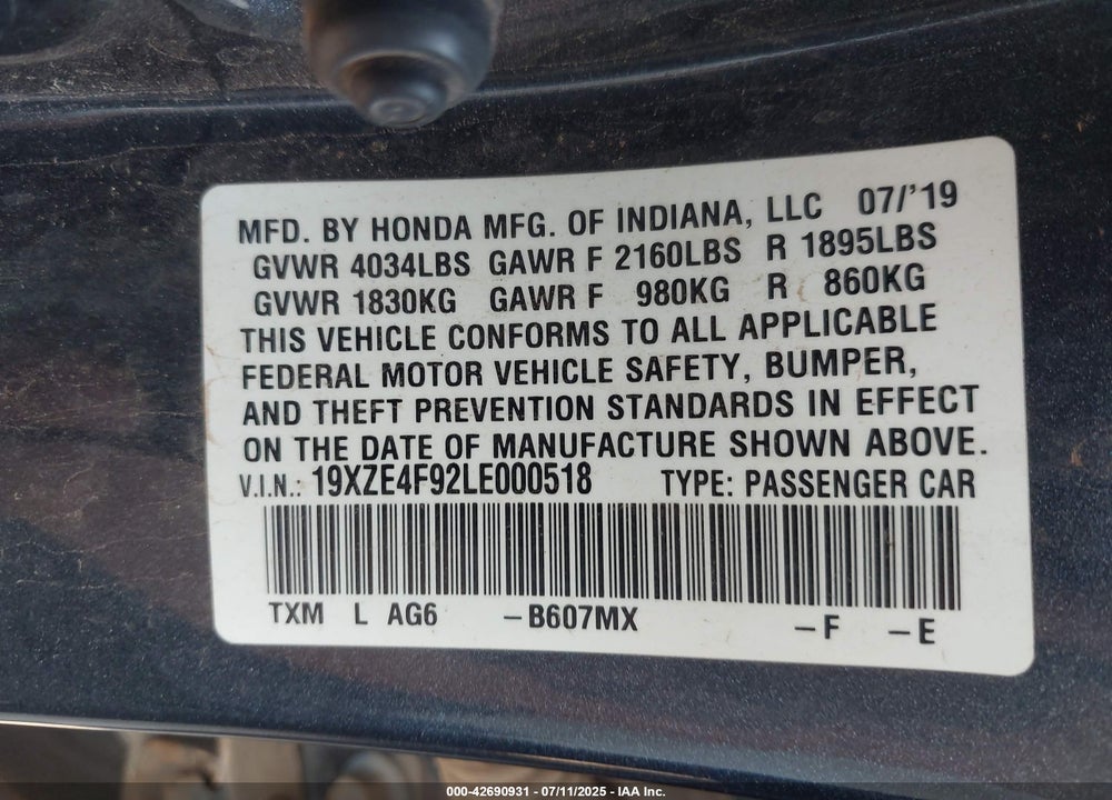 2020 HONDA INSIGHT VIN: 19XZE4F92LE000518