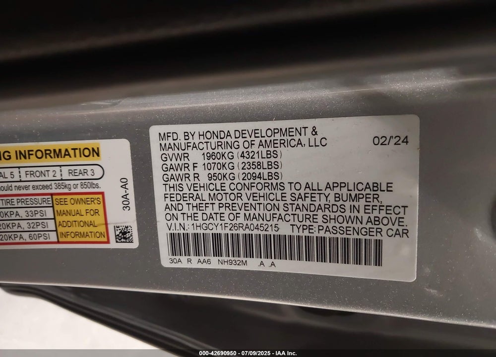 2024 HONDA ACCORD VIN: 1HGCY1F26RA045215