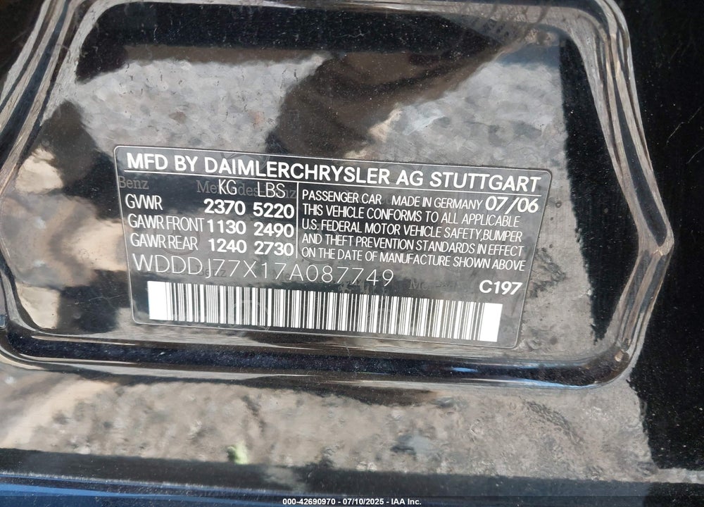 2007 MERCEDES-BENZ CLS 63 AMG VIN: WDDDJ77X17A087749