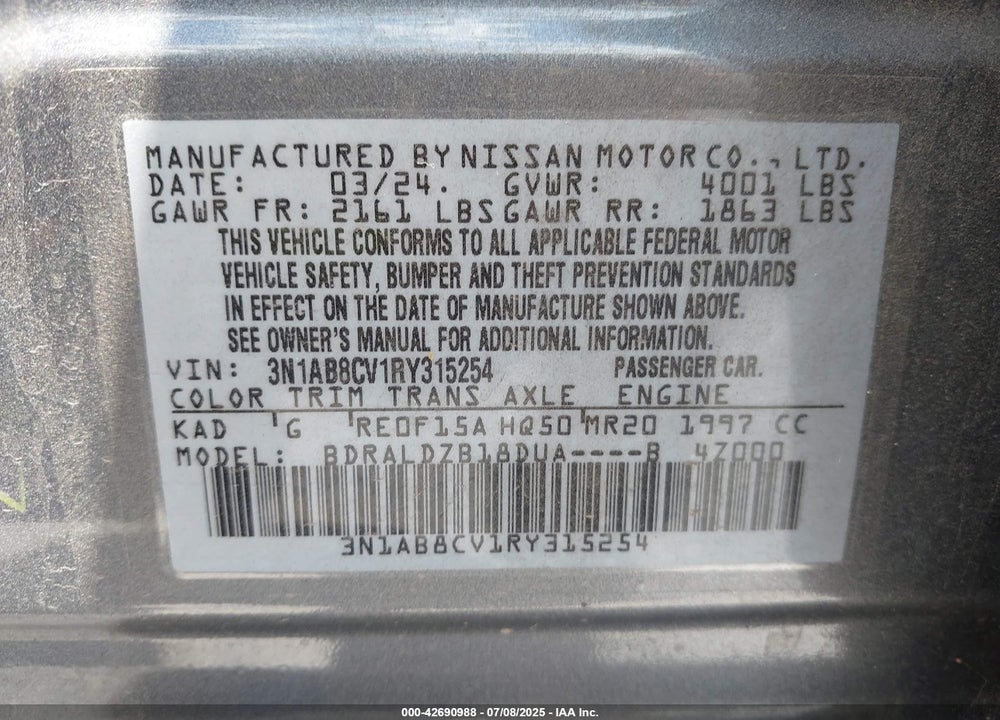 2024 NISSAN SENTRA VIN: 3N1AB8CV1RY315254