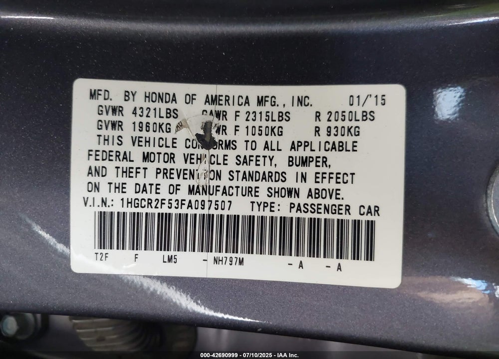 2015 HONDA ACCORD SPORT VIN: 1HGCR2F53FA097507