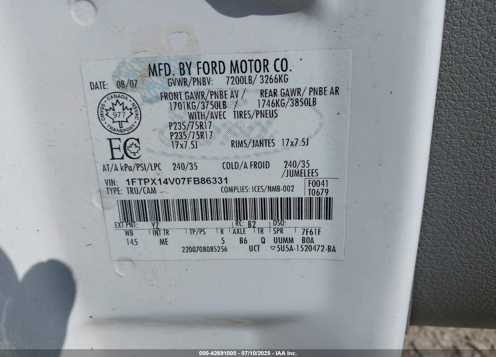 2007 FORD F-150 FX4/LARIAT/XL/XLT VIN: 1FTPX14V07FB86331