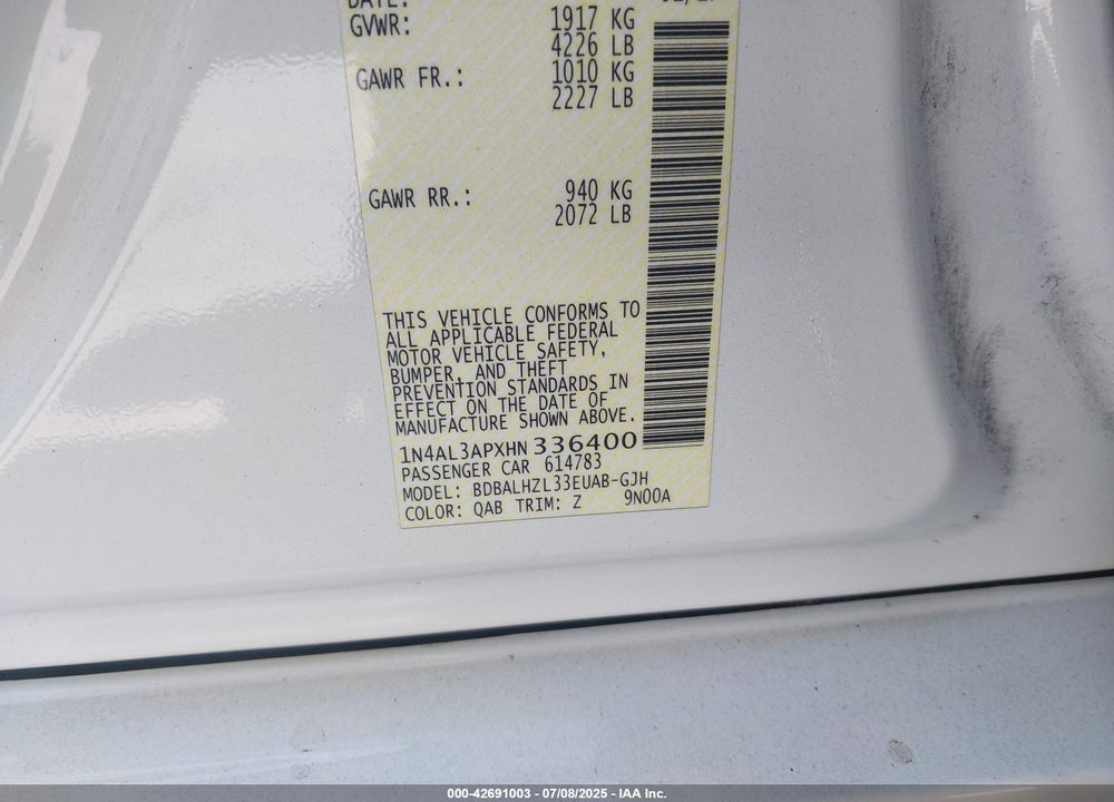 2017 NISSAN ALTIMA VIN: 1N4AL3APXHN336400