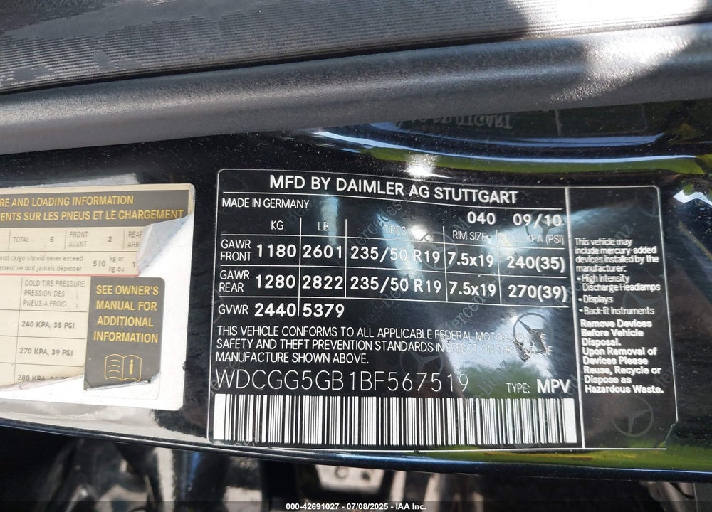2011 MERCEDES-BENZ GLK-CLASS VIN: WDCGG5GB1BF567519