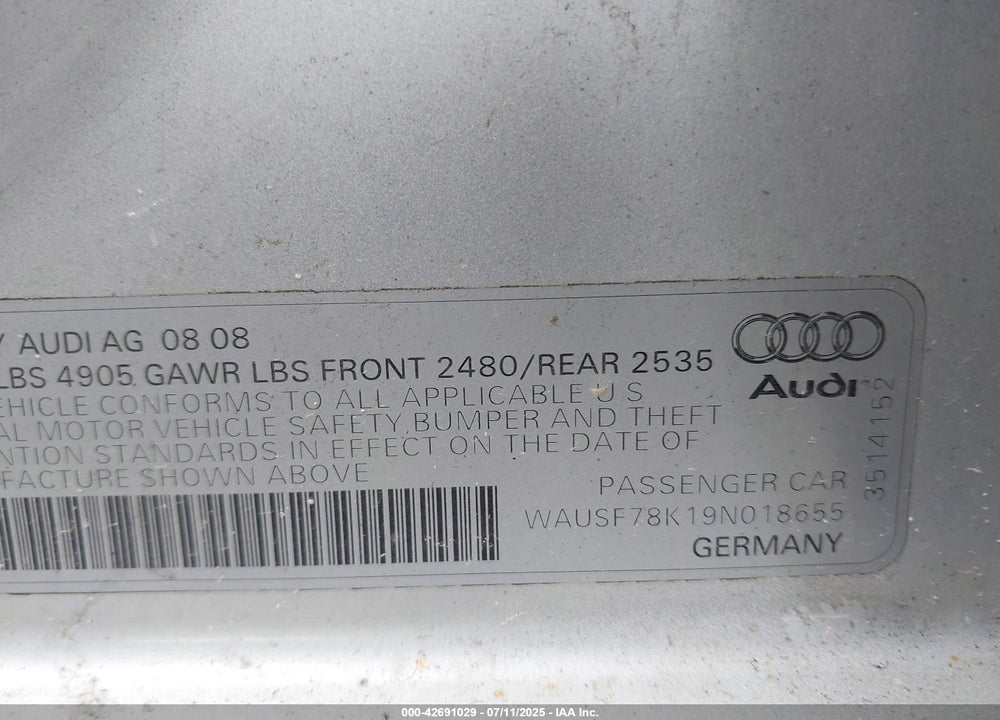 2009 AUDI A4 2.0T PREMIUM VIN: WAUSF78K19N018655
