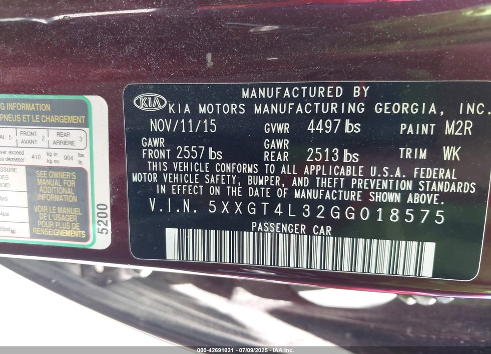 2016 KIA OPTIMA VIN: 5XXGT4L32GG018575