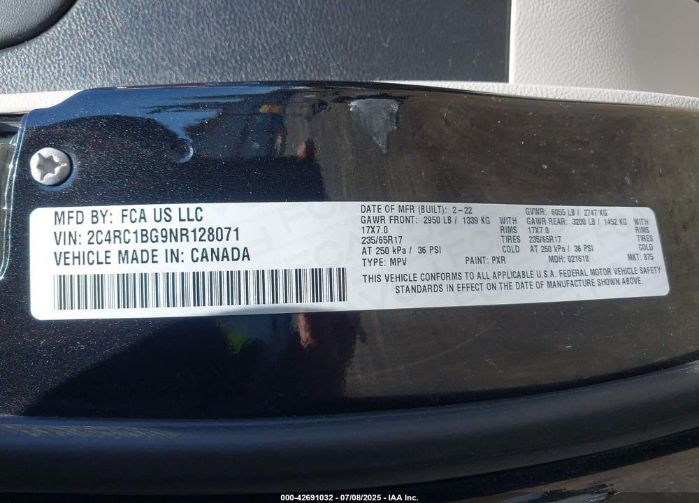 2022 CHRYSLER PACIFICA TOURING L VIN: 2C4RC1BG9NR128071