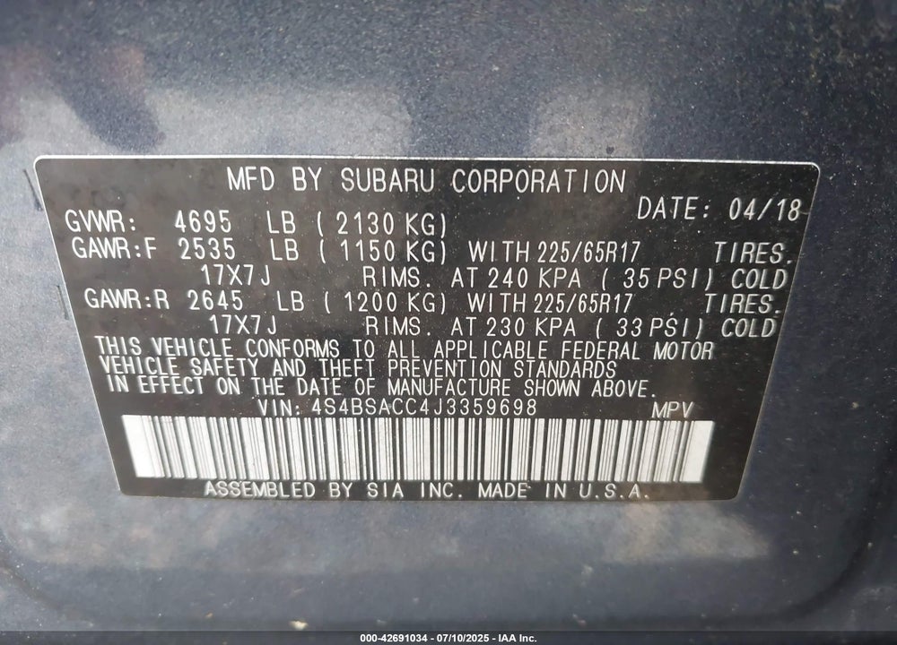 2018 SUBARU OUTBACK VIN: 4S4BSACC4J3359698