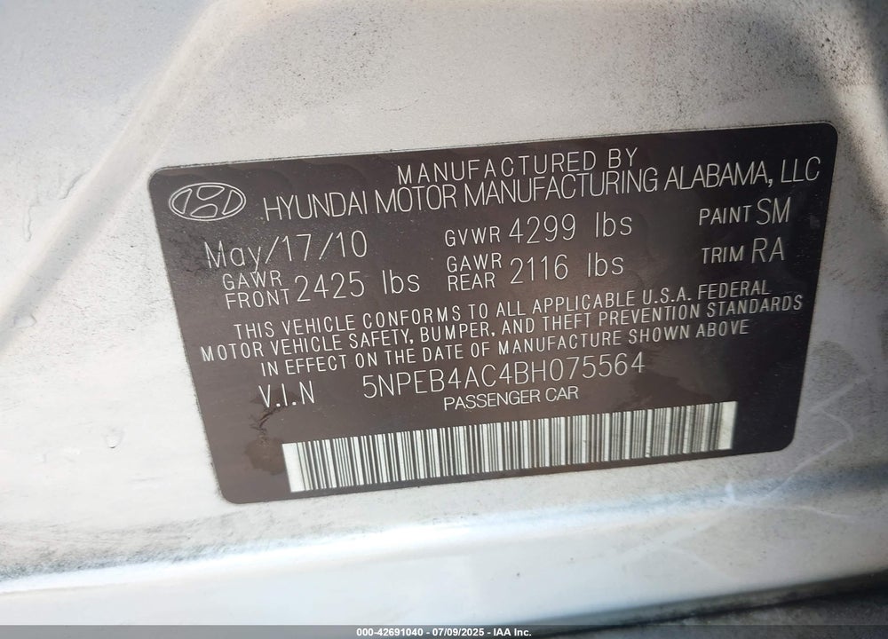 2011 HYUNDAI SONATA VIN: 5NPEB4AC4BH075564